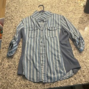 blue and white striped button down